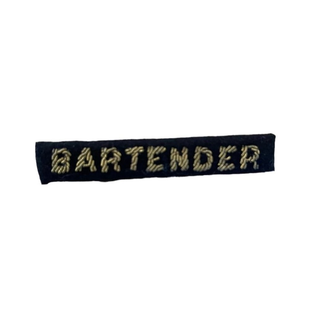 Vintage Gemsco Gold Boullion Embroidered Black Bartender Rectangular Bar Brooch